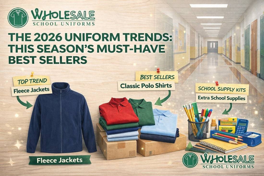 Wholesale school uniform best sellers for 2026 featuring a navy blue unisex polar fleece jacket, classic pique polo shirts in multiple colors, and a complete school supply kit on a professional flat-lay background.