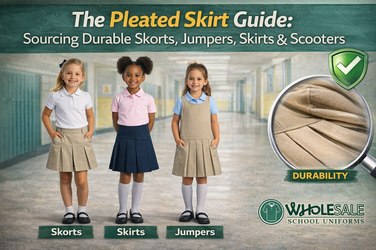 Girls modeling pleated skorts, skirts, and jumpers in a school hallway, highlighting durable uniform construction and fabric quality.