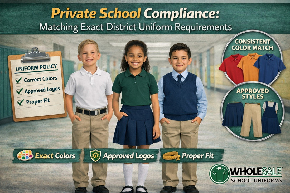 Private school uniform compliance graphic showing approved colors, fits, and styles for district requirements